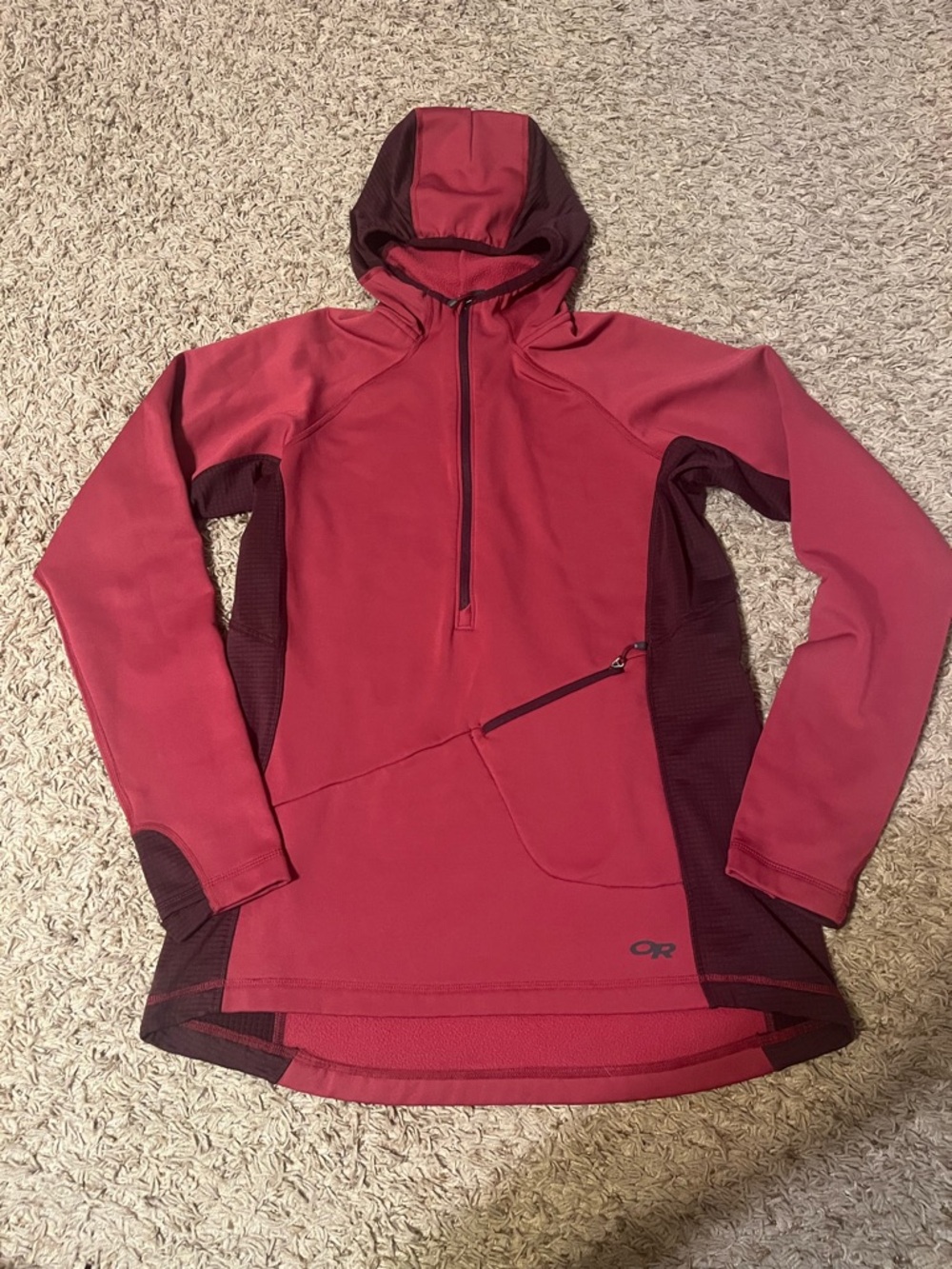 Outdoor Research Red and Burgundy Hooded Half-Zip Pullover